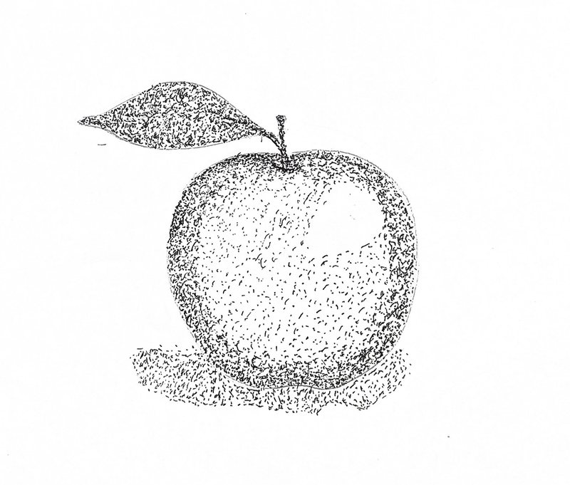 A single apple with a leaf, rendered entirely in fine stippled dots of black ink.