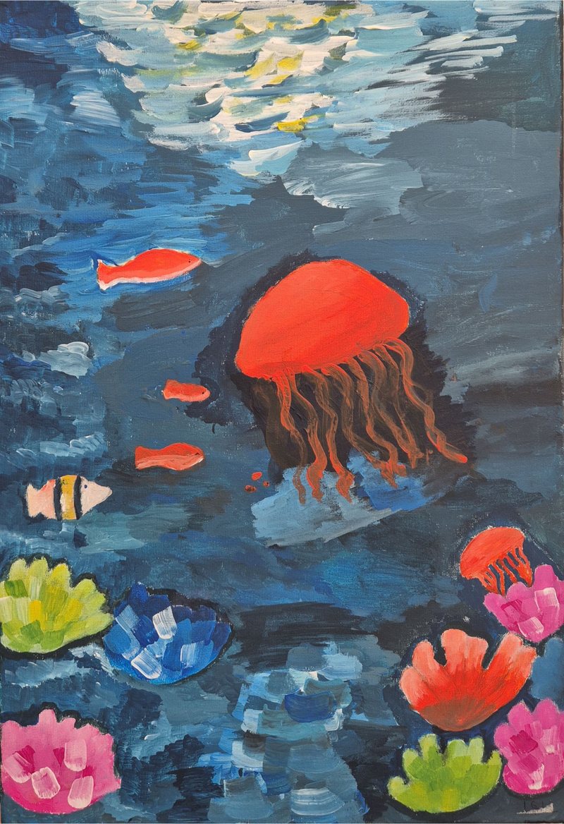 A coral-orange jellyfish drifting at the centre of a deep blue sea, with small fish and bright water-lilies along the lower edge.