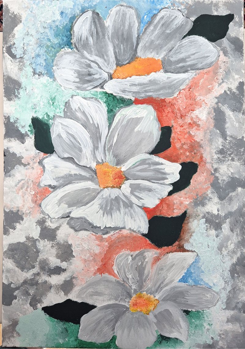 Three large white blossoms with orange centres, painted in acrylic over a textured grey, teal and coral ground.