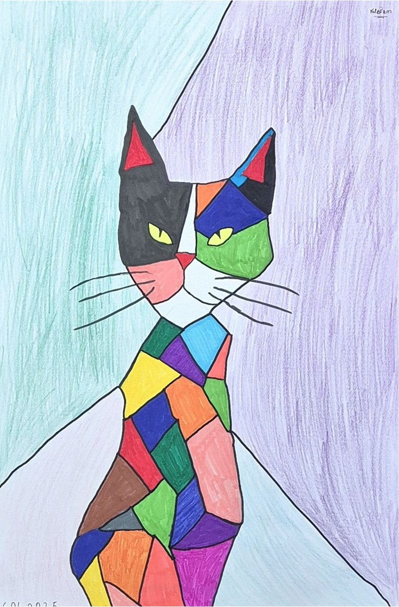 A cat composed of bright geometric colour blocks, like stained glass, against a teal and lavender background.